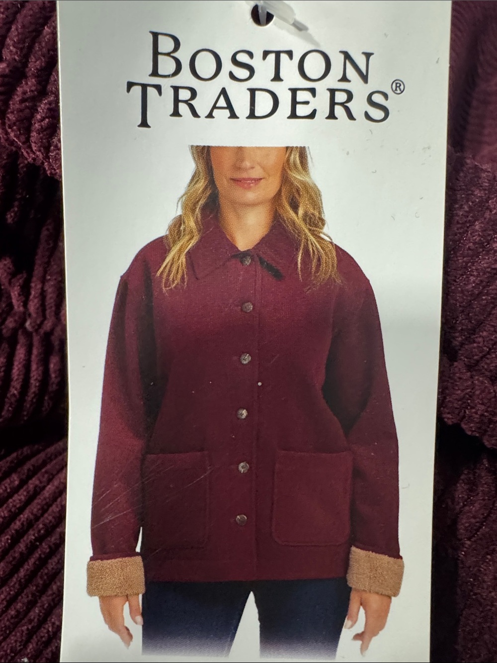 Boston Traders Burgundy Teddy Button-Up Jacket with Contrast Cuffs